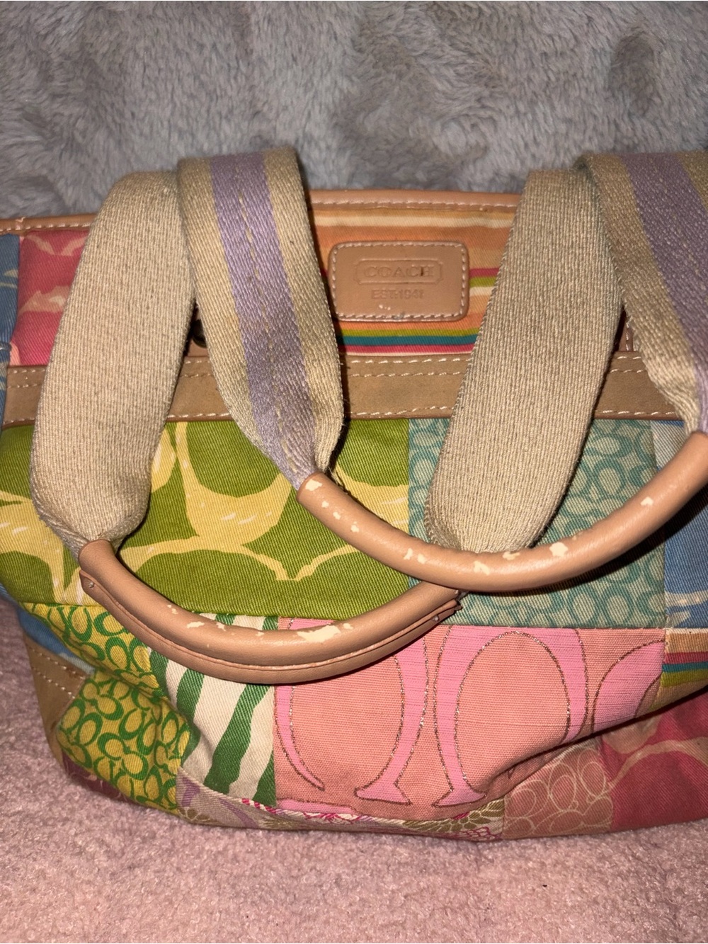 Coach Multicolor Patchwork Tote - Pink, Green, Blue, Tan - Picture 2 of 5
